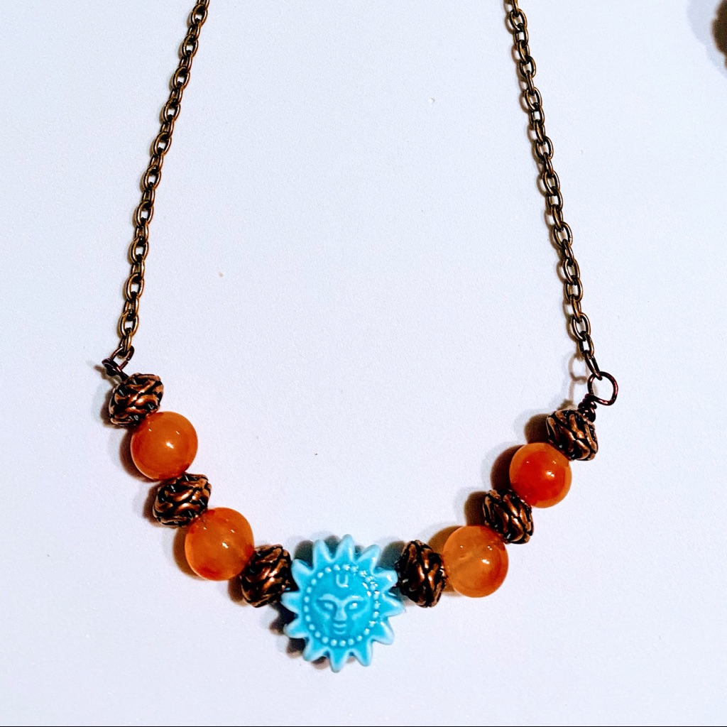 Orange Jade Beaded Sun Necklace 14$